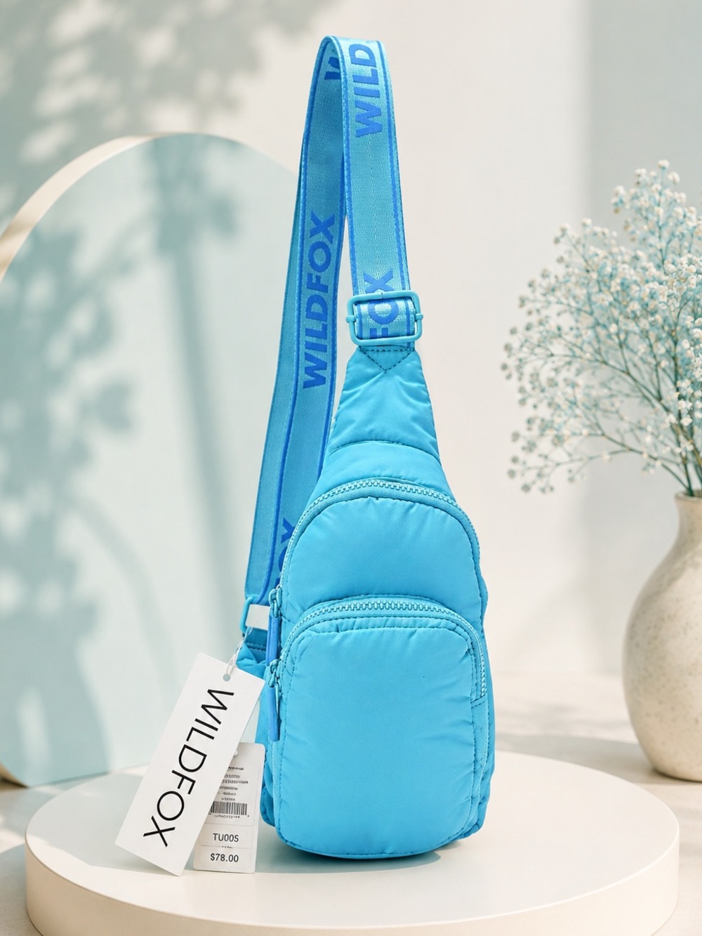 Wildfox Aqua Blue Puffer Sling Crossbody Bag Logo Strap NWT